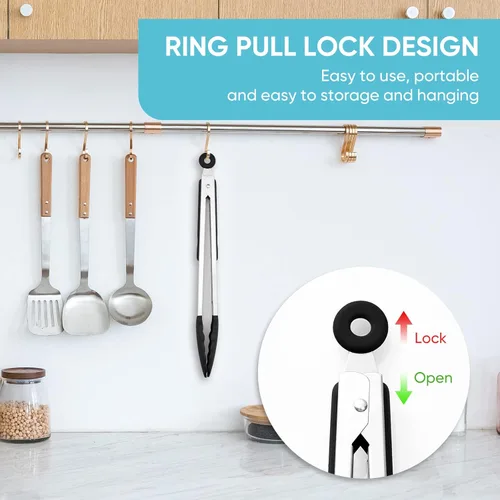 Miniatura 6 de Pinzas de cocina resistentes al calor de 600 ℉ para cocinar con puntas de silicona, pinzas de cocina de acero inoxidable de 12 pulgadas con bloqueo