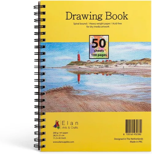 Elan Libro de dibujo A4, 50 hojas de papel italiano de 90 lb/200 GSM, libro de bocetos sin ácidos, 11.7 x 8.3 pulgadas, bloc de papel de dibujo
