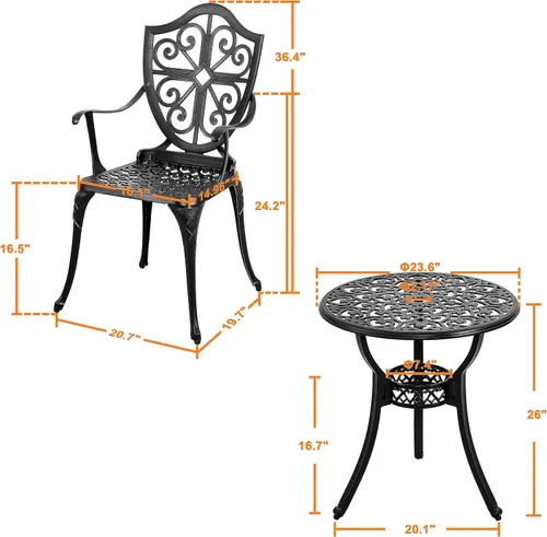 Miniatura 5 de NUU GARDEN Juego de 3 piezas de bistró para exteriores, mesa redonda de aluminio fundido de 24 pulgadas con agujero para paraguas de 2.17 pulgadas