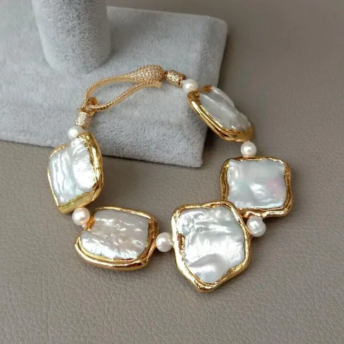 Miniatura 3 de Pulsera de perlas Keshi cuadradas blancas chapadas en oro #10868