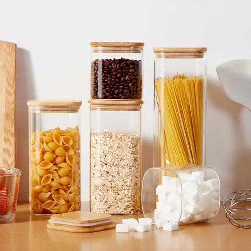 Miniatura 5 de Tarros de almacenamiento de vidrio cuadrados con tapas[Juego de 5], perfectos para pasta, galletas, nueces, café, cereal, harina, organice su cocina