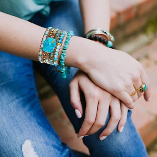 Miniatura 6 de Plumiss Women Boho Handmade Natural Stone Crystal Leather Bead Wrap Bracelets Collection