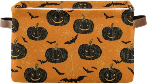 Wusikd Cesta de almacenamiento de Halloween naranja y negra, juego de 1 canasta grande de tela de calabaza y bruja, cubo con asas, plegable, estante