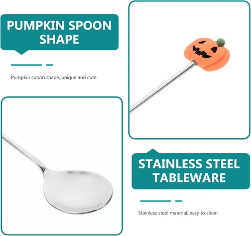Miniatura 5 de UPKOCH Juego de 6 cucharas de calabaza de Halloween con forma de calabaza de acero inoxidable para café y postre de 4.9 pulgadas, utensilios