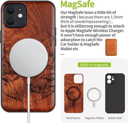 Miniatura 5 de Carveit Funda magnética de madera para iPhone 12 [madera natural y TPU suave negro] a prueba de golpes, funda de madera única compatible con MagSafe