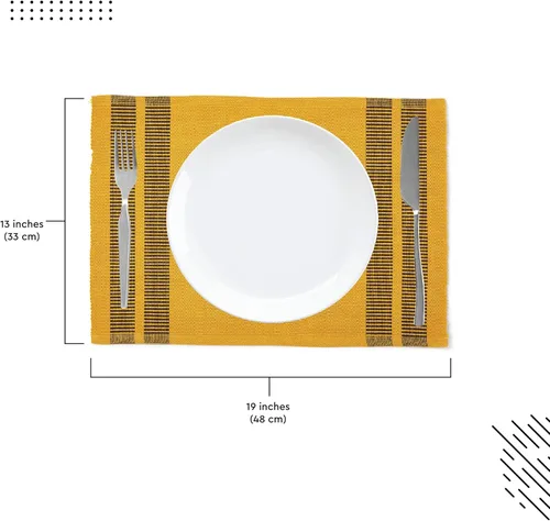 Miniatura 3 de Encasa XO Juego de 6 manteles individuales de comedor, color amarillo escalera, tapete de mesa de algodón acanalado fino, tamaño 18 x 13 pulgadas
