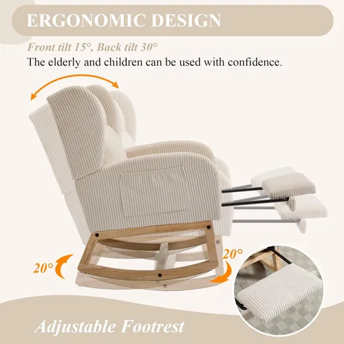 Miniatura 4 de NIOIIKIT Nursery Rocking Chair with Footrest, Teddy Upholstered Glider Chair, Nursery Gliding Recliner with Side Pocket, Glider Rocker for Living