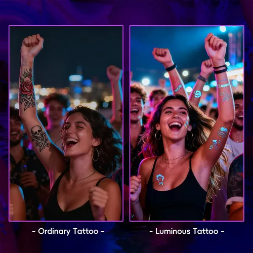 Miniatura 5 de 56 diseños que brillan en la oscuridad tatuajes (10 hojas) – Tatuajes temporales luminiscentes azules, suministros de fiesta brillantes para fiestas