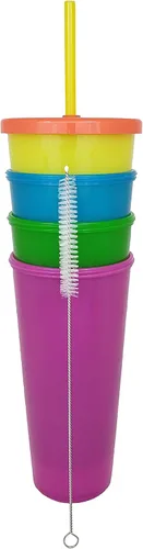Miniatura 3 de Juego de 4 vasos de plástico reutilizables de 24 onzas con tapas de rosca y popotes