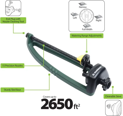 Miniatura 2 de Melnor 65150AMZ Oscillating Sprinkler, 15 Precision Nozzles, Adjustable Spray Range, Waters Up to 2,650 Sq. Ft., with QuickConnect Bundle, Green