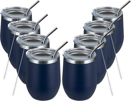 Miniatura 45 de MEWAY Vaso de vino sin tallo de 12 onzas con tapa, vaso de viaje de acero inoxidable con aislamiento de doble pared al vacío con popote, para Negro