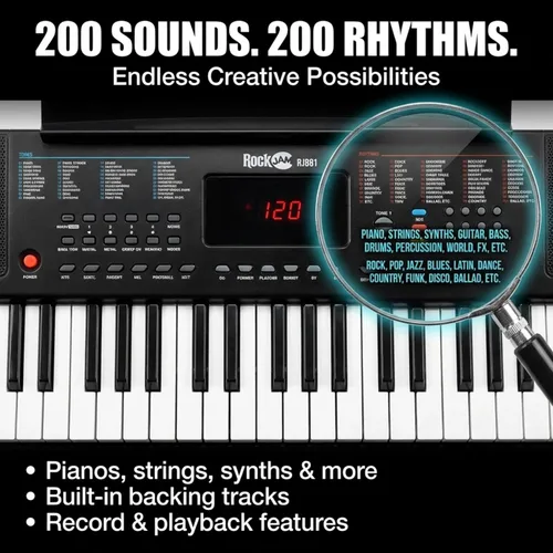 Miniatura 5 de RockJam - Teclado compacto de 61 teclas con soporte para partituras, fuente de alimentación, calcomanías para notas de piano y lecciones de Simply