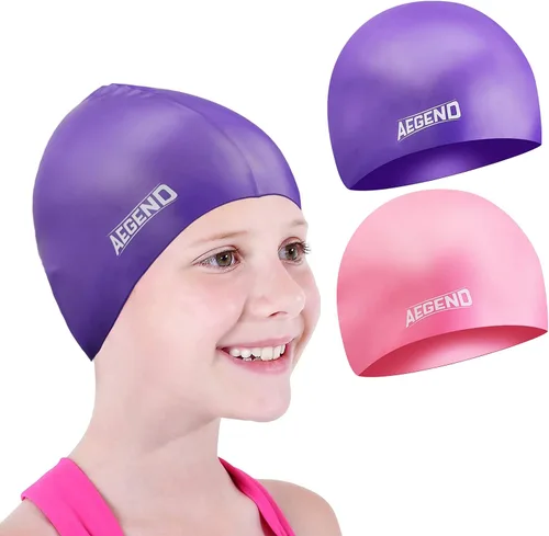 Miniatura 8 de Aegend Paquete de 2 gorros de natación para niñas y niños de 3 a 15 años, gorro de natación impermeable para niños, de silicona duradera