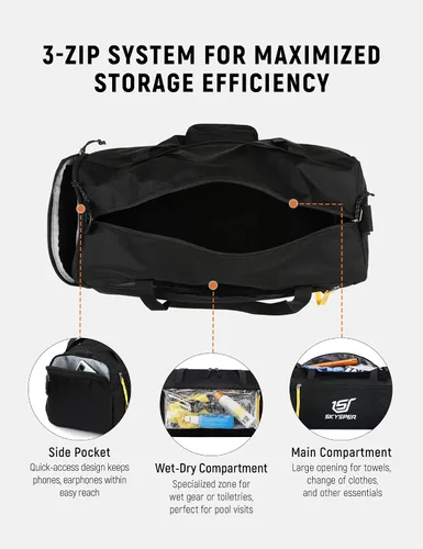 Miniatura 3 de SKYSPER Bolsa deportiva pequeña de 30L con bolsillo húmedo para deportes, viajes, fitness y entrenamiento para hombres y mujeres (negro)
