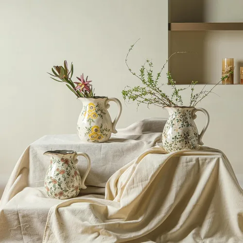 Miniatura 7 de Jarrón de cerámica verde y blanco con asa, florero rústico para decoración de hogar estilo “chinoiserie”, “grandmillenial” y toscano, jarrón
