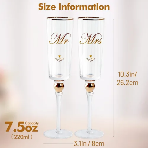 Miniatura 4 de DUJUST Copas de champán doradas para boda, copas de champán Mr & Mrs con borde dorado hecho a mano y diseño de diamante, copas de champán cuadradas