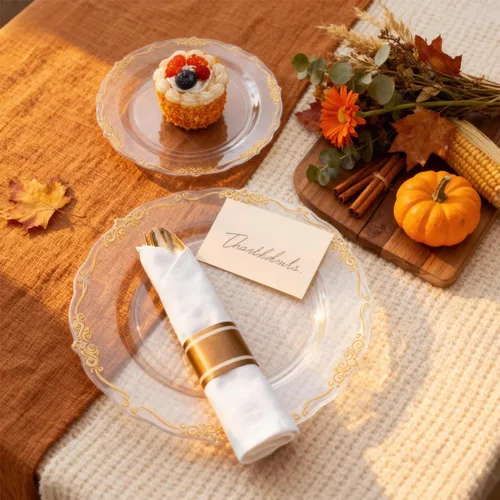 Miniatura 6 de U-QE 175 platos y servilletas de plástico dorado para fiestas, juego de vajilla transparente y dorado para 25 invitados, 25 platos llanos, 25 platos