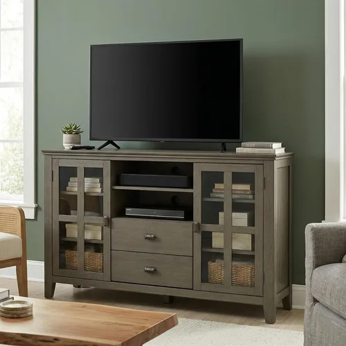 Miniatura 2 de SIMPLIHOME Artisan Mueble para TV de madera maciza de 53 pulgadas de ancho estilo transicional en gris Farmhouse para televisores de hasta 60