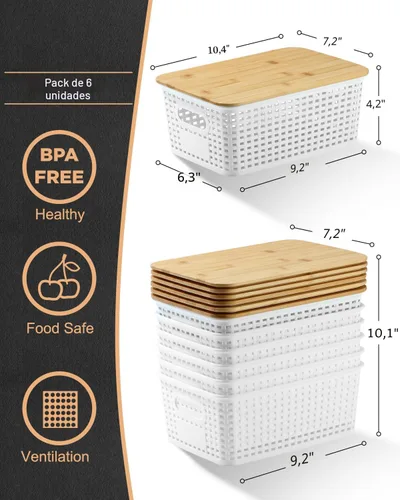 Miniatura 2 de EOENVIVS Contenedores de almacenamiento con tapas de bambú, paquete de 6 cestas de almacenamiento de plástico y contenedores de almacenamiento