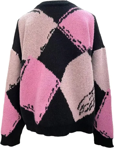 Miniatura 4 de Suéter de gran tamaño con cuello en V para mujer, moda de otoño, manga larga, abombada, liso, suéter de punto trenzado