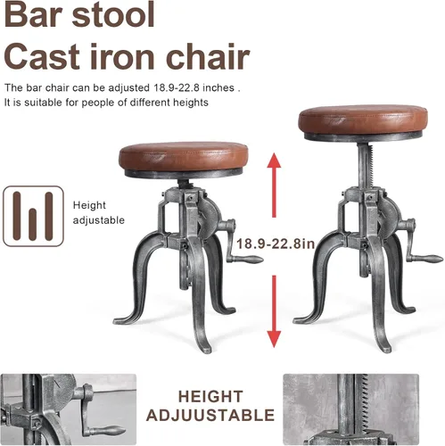 Miniatura 5 de Topower Taburete de manivela industrial antiguo de hierro fundido Silla de tres patas Taburete de bar de cuero PU