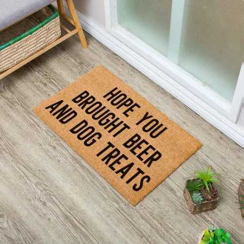 Miniatura 2 de Tapete divertido de fibra de coco con texto en inglés «Hope You Brought Beer and Dog Treats In» Tapete para puerta al aire libre con porche frontal