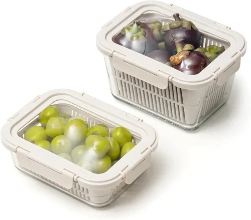 GENICOOK Contenedores de almacenamiento de vidrio para refrigerador, paquete de 2 – Recipientes herméticos para frutas y verduras con coladores