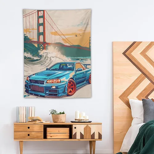 Miniatura 4 de QEOPGNE Tapiz grande para colgar en la pared, diseño de puente de puerta dorada, grandes olas, japonés, retro, Jdm, auto, R34, tapiz para 2