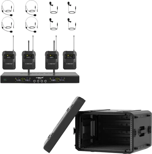 Phenyx Pro Juego de micrófono inalámbrico de 4 canales PTU-5200-4B incluido con estuche de rack poco profundo PRCSE-6UD