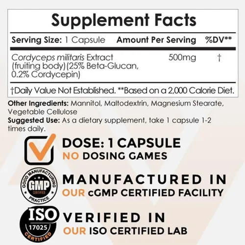 Miniatura 3 de Nootropics Depot Cordyceps - Cápsulas de hongos 500 mg 60 unidades Cordyceps militaris Extracto de hongos fructíferos para todo el cuerpo