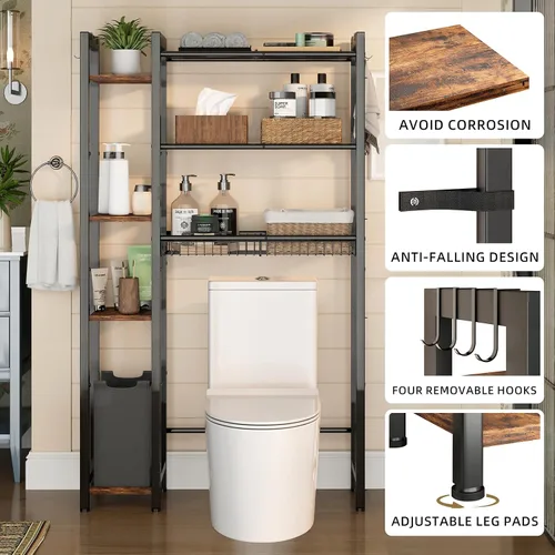 Miniatura 4 de Almacenamiento sobre el inodoro con estante lateral, organizador de baño de 7 niveles con estante ajustable y cesta de drenaje y 4 ganchos, ahorro