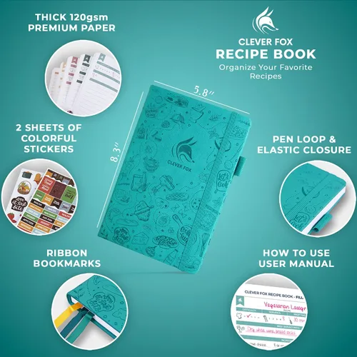 Miniatura 2 de Clever Fox Libro de recetas - Libro de cocina familiar en blanco - Diario de cocina vacío - Organizador de cuadernos para escribir recetas - Turquesa