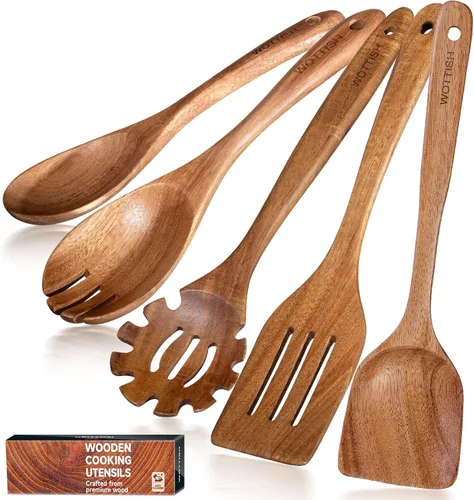 Cucharas de madera para cocinar, juego de utensilios de cocina de madera de 5 piezas hechos de material de madera maciza natural, incluye cucharas
