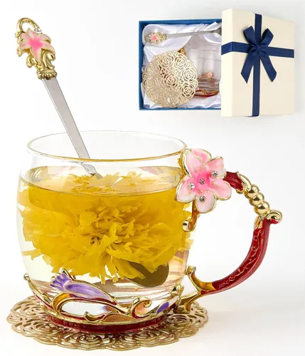 Miniatura 18 de Taza de té con flores, taza de café de vidrio transparente elegante con cuchara, caja de regalo para ella, mamá, esposa, abuela, niñas, amigas, idea