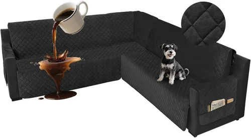 Miniatura 11 de Fundas impermeables para sofá seccional de esquina en forma de L, de terciopelo, juego de 6 piezas, funda en forma de U para sofá, para perros