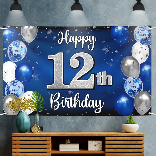 Miniatura 5 de Decoraciones de Feliz 12º Cumpleaños, Globo Azul y Plateado Grande Pancarta de Fondo de Cumpleaños, Salud por Doce Años Suministros para Fiesta