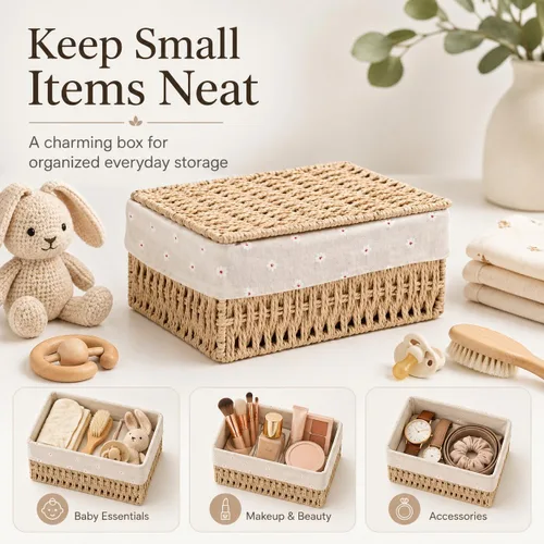 Miniatura 5 de Cestas de almacenamiento con tapas, juego de 3, cestas de mimbre tejidas anidables, cestas decorativas con tapa para estantes, dormitorio, baño