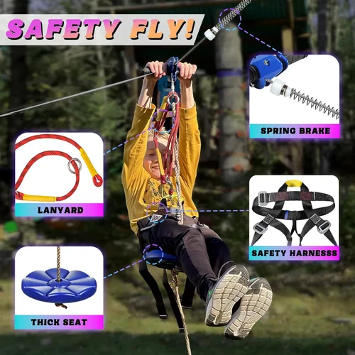 Miniatura 3 de CTSC Tirolesa para niños y adultos, kits de tirolesa para patio trasero con freno de resorte de acero inoxidable, kit de tensión de cables, arnés