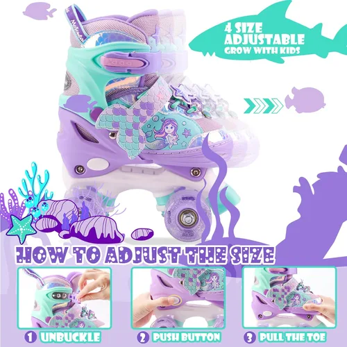 Miniatura 4 de Patines de Sirena para Niñas, MoSoulais 4 Tamaños Ajustables con Ruedas Iluminadas para Niños Pequeños, Patines para Mujeres Principiantes Púrpura