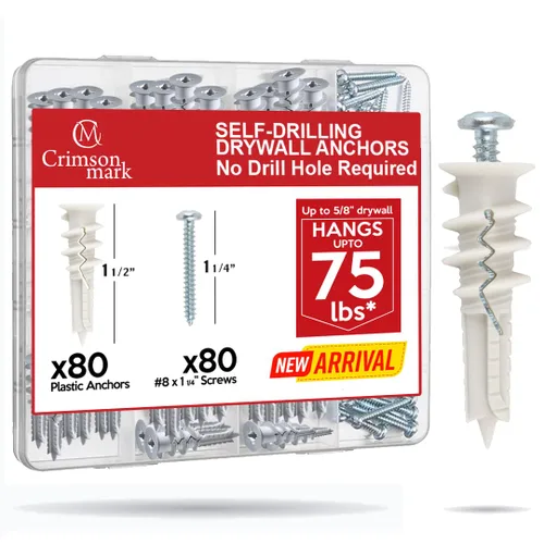 Miniatura 12 de CrimsonMark Juego de 120 piezas de anclajes y tornillos autoperforantes #8 para paneles de yeso #8 x 1-1/4" - Magníficos anclajes de pared