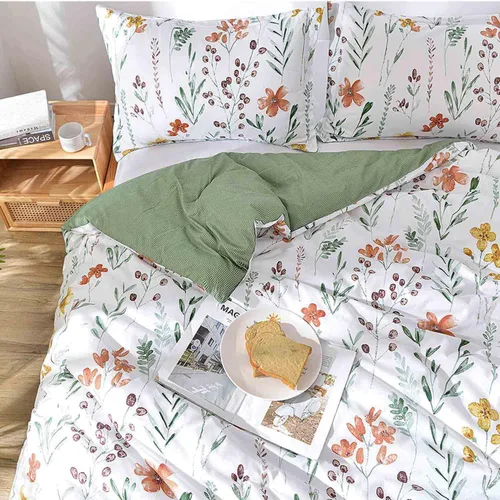 Miniatura 3 de Juego de edredón de tamaño individual, diseño floral blanco y amarillo, estampado de hojas verdes, reversible de plumón alternativo, 68 x 90