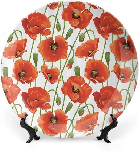 XISUNYA Plato decorativo de 8 pulgadas, plato de cena de decoración de amapola, flores de amapola, brotes de agua, estampado de gotas de agua, para