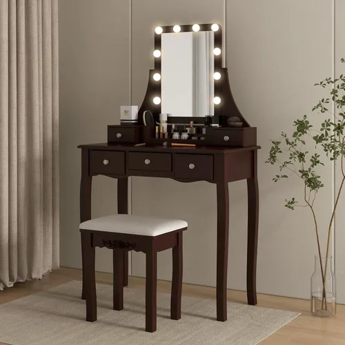 Miniatura 2 de CHARMAID - Mesa de tocador con espejo y luces, mesa de maquillaje con 5 cajones de almacenamiento, 3 modos de iluminación de color, brillo Espresso