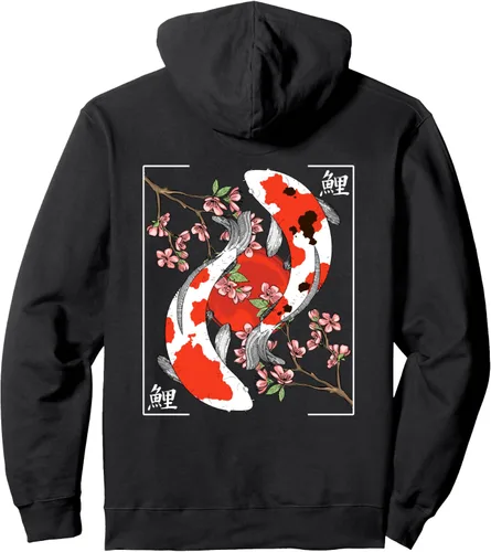 Miniatura 2 de Sudadera con capucha japonesa Koi Carp Fish Nishikigoi estética de flor de cerezo, Negro, S