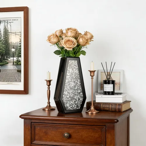 Miniatura 2 de SHYFOY Florero Negro de Flores Florero de Vidrio de Diamante Triturado Floreros Grandes de Cristal con Espejo para Centros de Mesa Floreros Altos