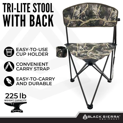 Miniatura 4 de Black Sierra Tri-Lite - Taburete plegable con respaldo y soporte para tazas, silla de pesca y caza portátil ligera con correa de transporte, asiento