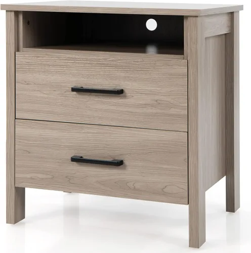 Giantex Mesita de noche con 2 cajones, mesa auxiliar de madera con estante de almacenamiento abierto y agujero para cable, mesita de noche