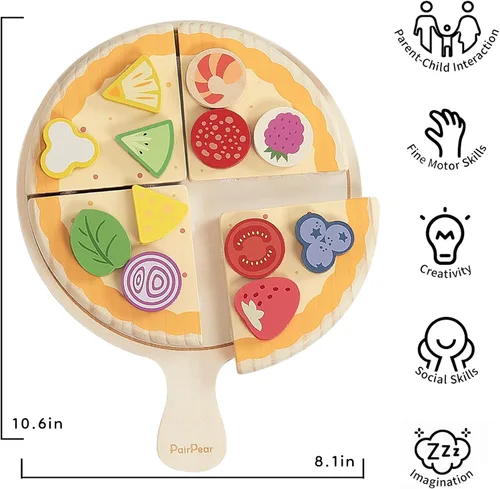 Miniatura 6 de PairPear Juego de comida de madera para cortar pizza, 28 piezas de juguete de pizza, juego de cocina Montessori, accesorios de cocina, regalo
