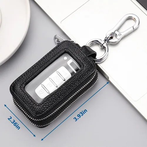 Miniatura 2 de BELOMI Funda para llave de coche, llavero de cuero genuino con cuerda y cierre de cremallera, funda protectora para llaves para hombres y mujeres