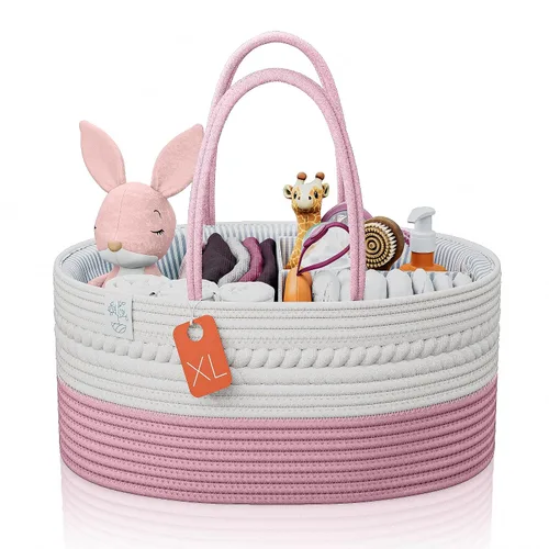 Miniatura 4 de KiddyCare Organizador de pañales tejido, canasta portátil multifuncional grande de color gris con asa, regalo de bebé para niño/niña, almacenamiento
